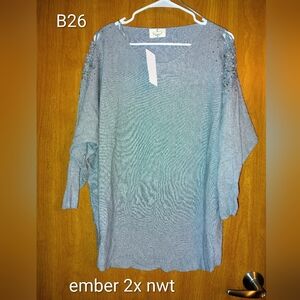 Ember Women's Light Blue Embellished V-Neck Sweater - 2X